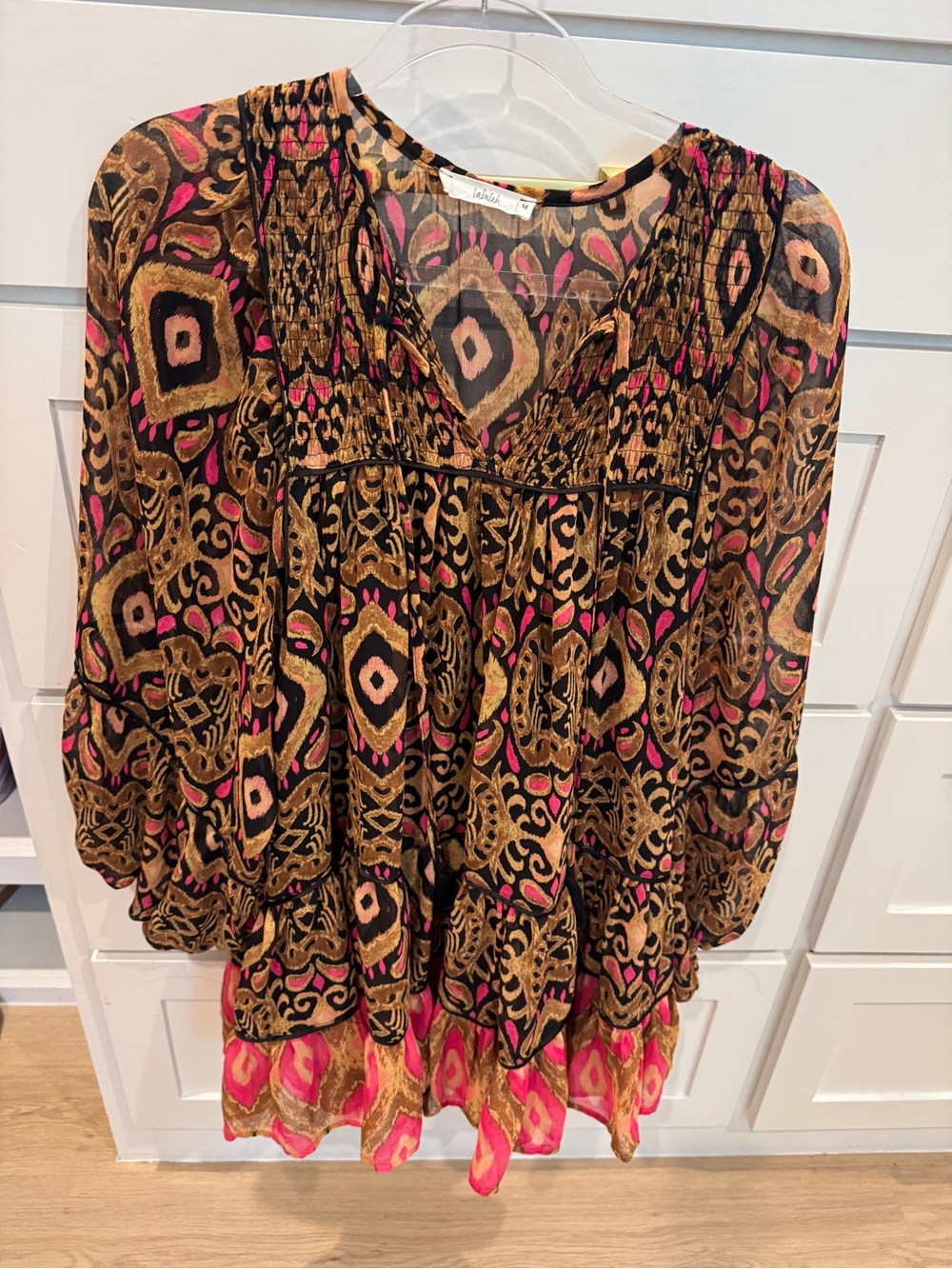 Talulah Boho Printed Peasant Dress - Black, Brown & Pink
